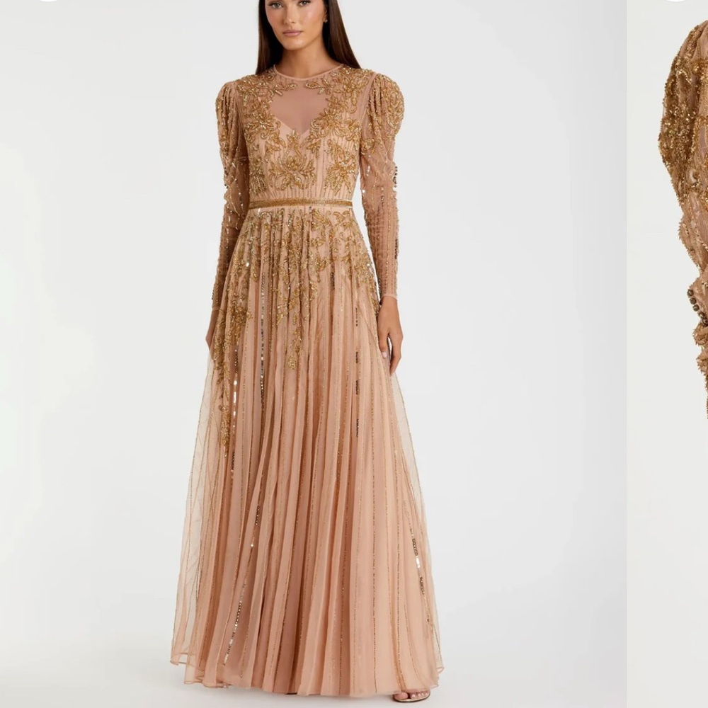 Mac Duggal $998 Gown Dress 14 Nude Gold Illusion Beaded Embellished Puff Sleeves